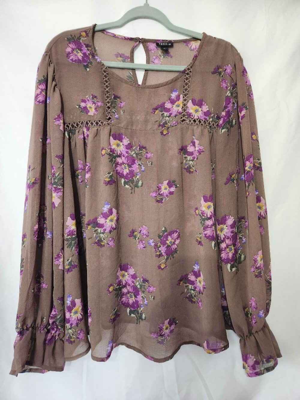 Torrid Burgundy Floral Chiffon Trim Inset Blouse Size 2